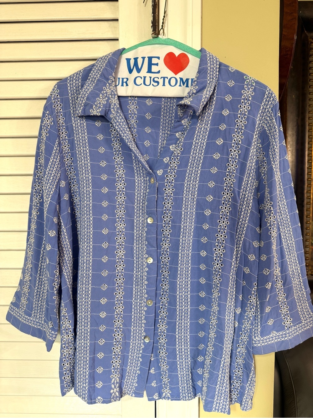Women’s Blue Embroidered Button-Front Shirt